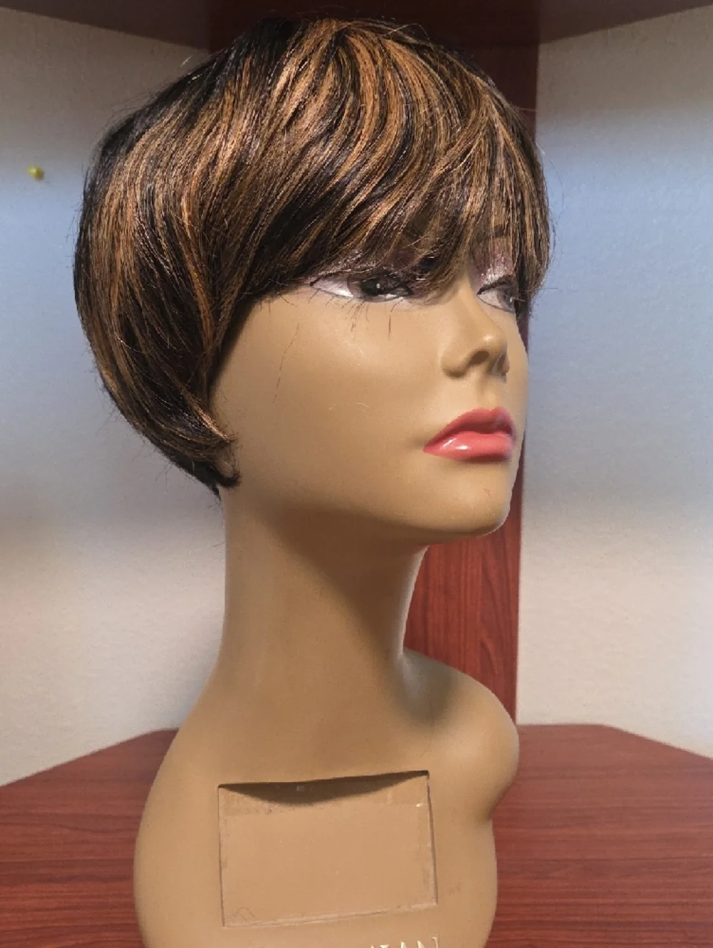 Women's Short Layered Pixie Cut Wig in Black with Blonde Highlights